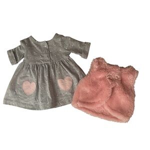 Gray Dress with Pink Hearts and Pink Furry Vest Newborn